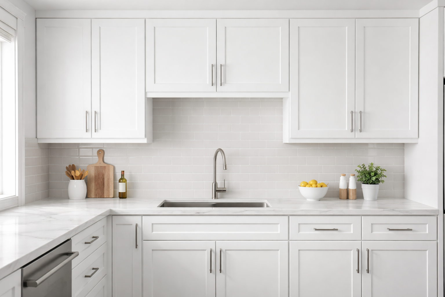 Refinished kitchen cabinets in a clean modern color palette